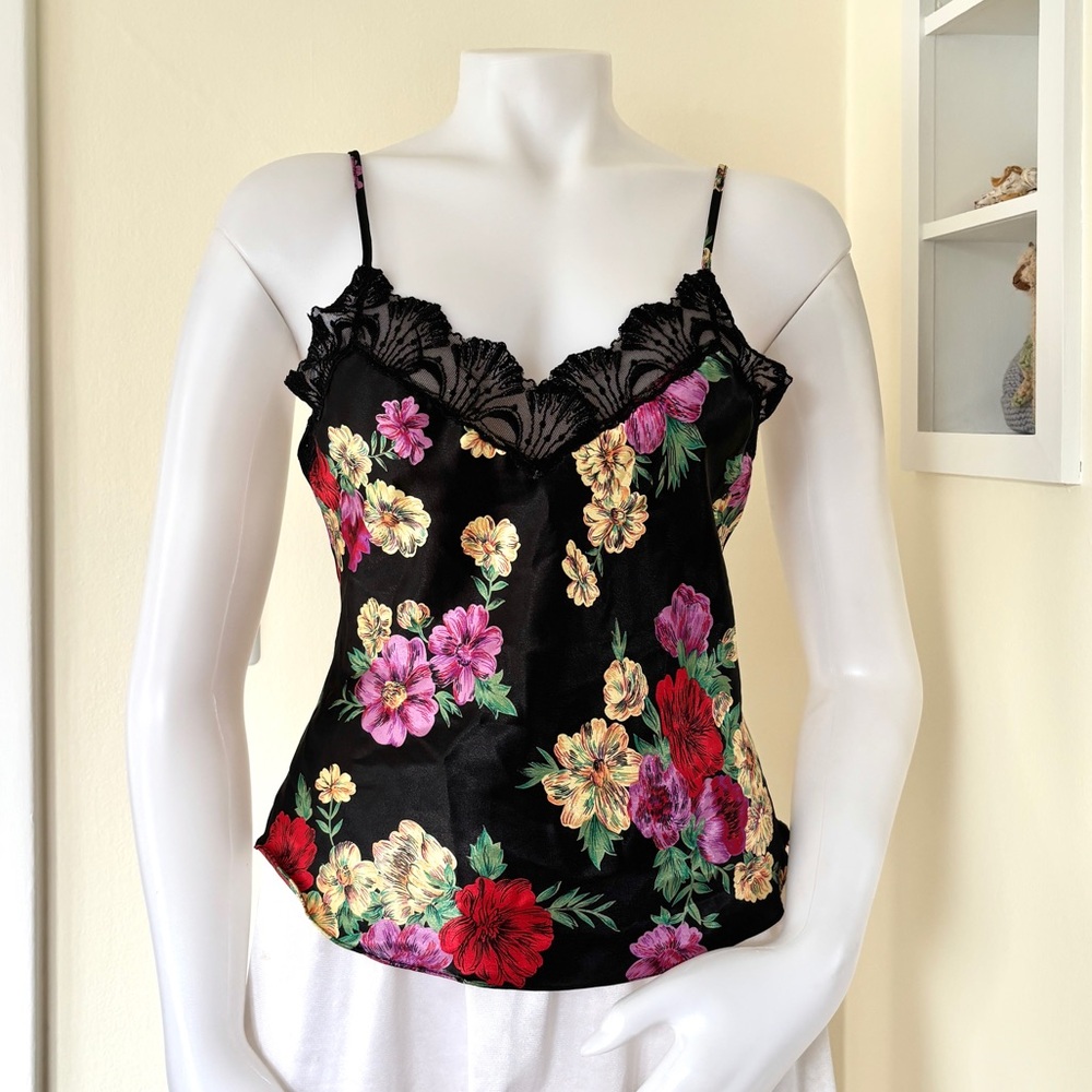 Vintage Victoria's Secret black satin and lace camisole with floral print